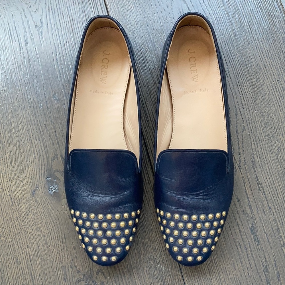 EUC J.Crew Navy Leather Studded Loafers